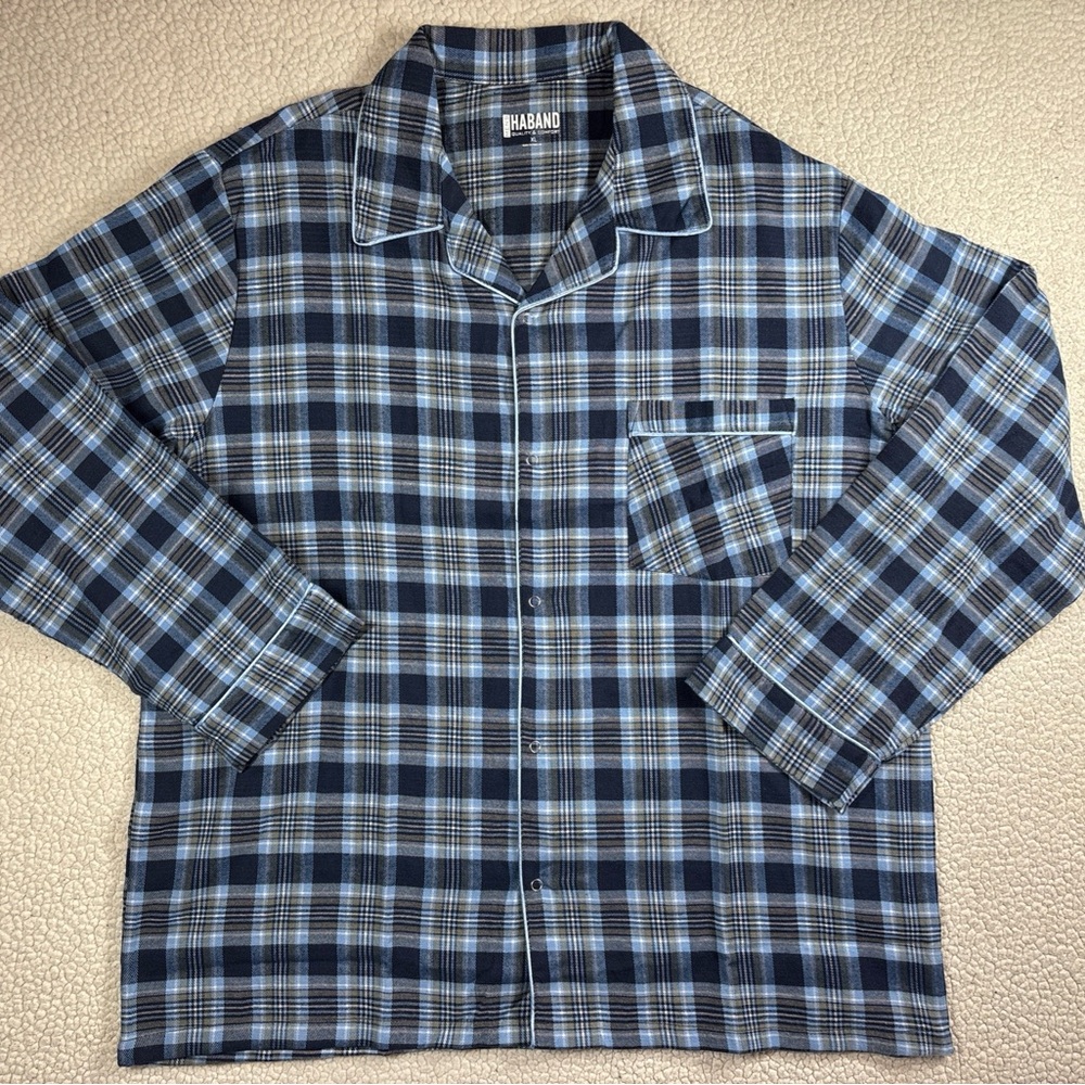 Haband Mens XL Blue Plaid Mid Weight Flannel Pajama Top Snap Front Lounge Shirt‎